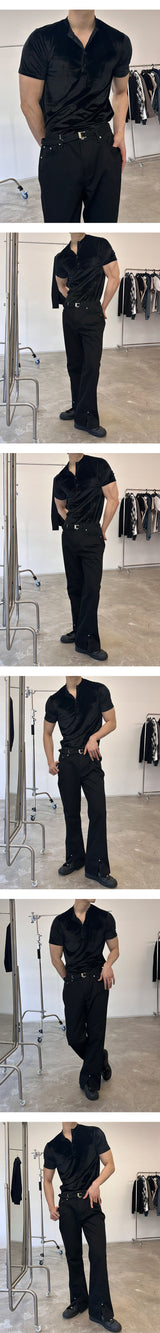 [MUSCLE FIT] Velvet golgi henry neck half t-shirts