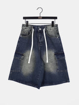 Kelu Vintage Washing Strap Cargo Denim Bermuda Half-Length Pants