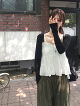 Mealing Frill Button Lace Flared Sleeveless Blouse