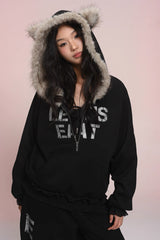 eat me plz* Cathy Cat Ear Fur Fleece Hoodie for Autumn-Winter Warmth Jacket