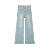 Light Wash Rhinestone Flare Jeans – Relaxed Wide Micro Flare Denim