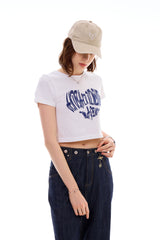 ハートスローガンクロップTシャツ / ブルー