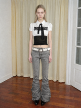 Emoha White Short-Sleeve Shirt with Lace Paneling and Tie Detail