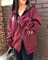 Sking Star Print Stripe Colorblock Loose Fit Hoodie Zip-Up