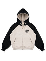 Women's Lovely Heart Raglan Embroidery Hood Zip-up OatmealBlack(FCE1ZP305W)