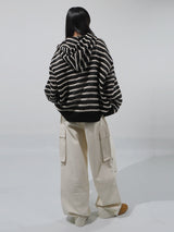 (UNISEX) メッシュストライプクロップドジップアップニット