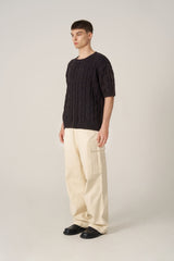 ケーブルウォッシング半袖ニット - Navy