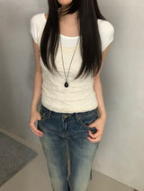 [set] Vaila Lace Halter-Neck Short-Sleeve Tee Set