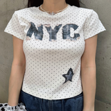 デニムパッチグラフィックドットTシャツ_アイボリー
