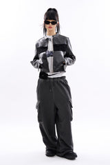 Block suede crop racing leather jacket