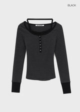 [MADE] Hiko Layered Stripe Halter Henley Neck Long Sleeve T-shirt