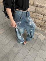 diamond bow wide denim pants