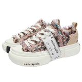 Multicolor Frayed Tweed Platform Sneakers, Unisex Low Top Lace Up Shoes