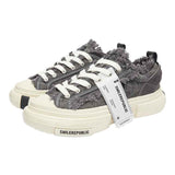 Gray Distressed Frayed Canvas Platform Sneakers, Unisex Low Top Lace-Up Retro Casual Shoes