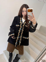 French velvet embroidered no collar jacket