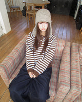 Hira Round Henley-Neck Buttoned Stripe Knit