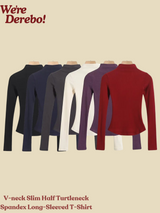 V-neck Slim Half Turtleneck Spandex Long-Sleeved T-Shirt