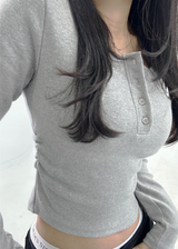 (QUALITY👍🏻) BASIC INNER SIDE SHIRRED SEMI-CROPPED LONG-SLEEVE BUTTONED TEE - 4 COLOR