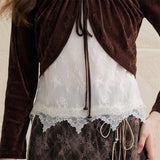 Velvet Shirred Ribbon Bolero Lace Layered T-shirt