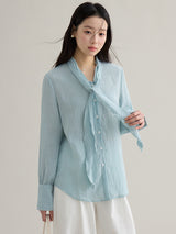 French ribbon tie V-neck blouse