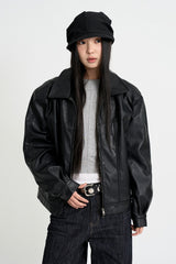 Curved leather overfit jacket