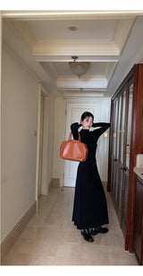 Half Turtleneck Black Flared Long Dress