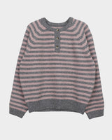 Hira Round Henley-Neck Buttoned Stripe Knit