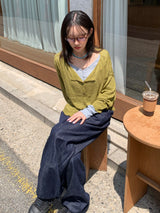 Slub Knit Two-Way Boat Neck One-Shoulder Cardigan (5c)