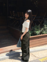 Sirom リボンストラップリブドオフショルダー半袖Tシャツ