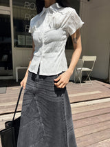 Ripple Mood Stripe Span Shirring Short Sleeve Shirt (3 colors)