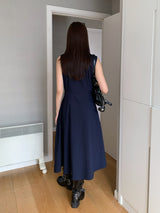 Navy Pleats Wrap Long Sleeveless Dress