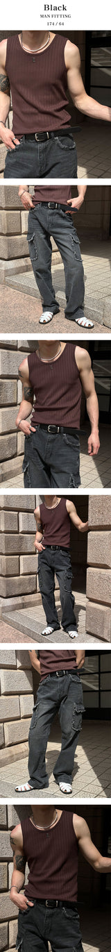 [Unisex] Fringe cargo denim pants(3color)