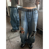 [Unisex] ニーデストロイドワイドデニムパンツ