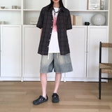 リネン リンクル オーバーサイズ フィット チェック半袖シャツ