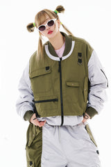 DOUBLE ZIPPER SHIRRING MA-1 JACKET KHAKI / GRAY