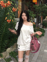 Vintage Button Off Shoulder Tee