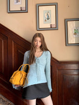 Sky V-neck Lace Bow Long Sleeve T-shirt