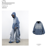 RELABEL (Gemeng) Flower Bud Balloon Check Print Draped Loose-Fit Crinkled Gradient Washed Denim Trousers
