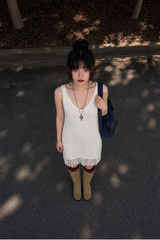 FRINGE-HEM KNIT V-NECK DRESS IN WHITE