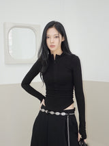 Half Turtle Side Shirring Long Sleeve Zip-Up