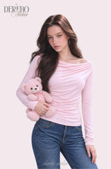 Flow lip shirring pink long-sleeve tee