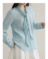 French ribbon tie V-neck blouse