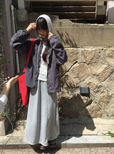 サユストライプボタンフード長袖Tシャツ