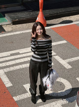Star Stripe Off-Shoulder Long Sleeve Knitwear
