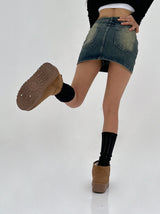 [BELT & INNER SHORTS] AUTUMN DENIM BROWN KHAKI DENIM SKIRT – SK