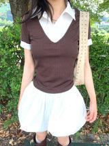 Cafe レイヤードピンタックシャツ ブラウン 半袖Tシャツ (Brown)