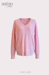 Baby Pink Twisted V-neck Loose Fit Knitwear