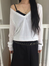 Soring Button See-Through Deep V Knit
