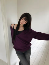 Chemin Button Deep V-Neck Long Sleeve Knit