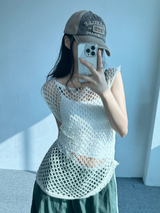 SIDE STRING POINT MESH SLEEVELESS🤎🤍🖤 - 3 COLORS